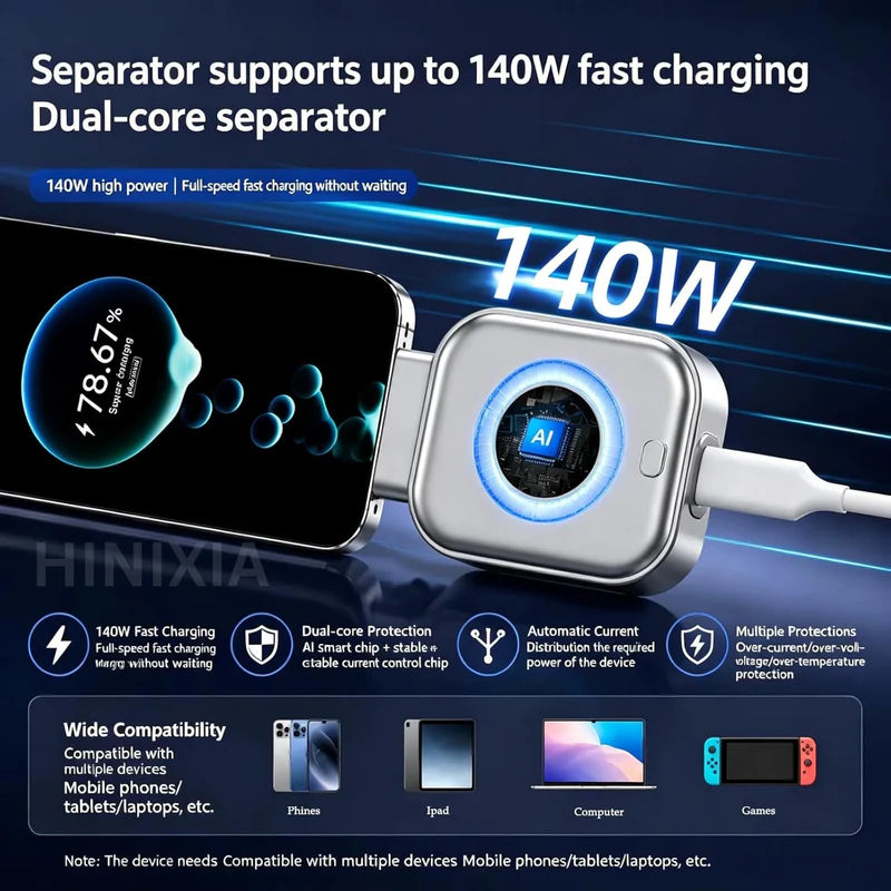 Fast charging device with smartphone and text highlighting 140W fast charging capability.